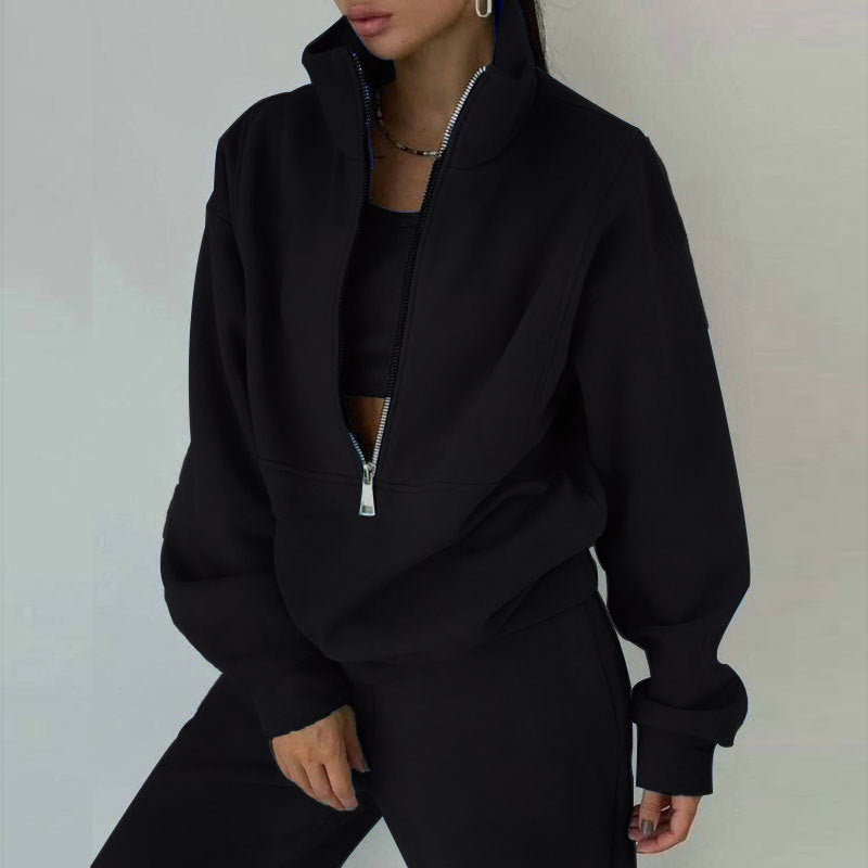 Women's Full-Zip Cropped Sweatshirt & Wide-Leg Pants Fleece Two-Piece Set