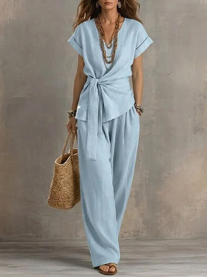 Women's V-Neck Short-Sleeve Top & Pants Two-Piece Set