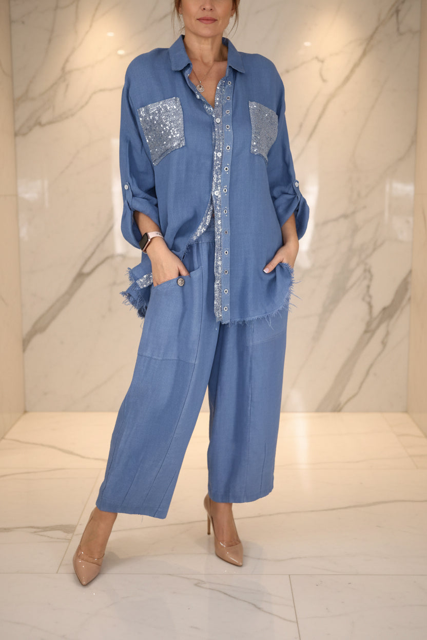 New Fashion Casual Women's Set with Pocket Placket and Gold Embellished Round Neck Design 