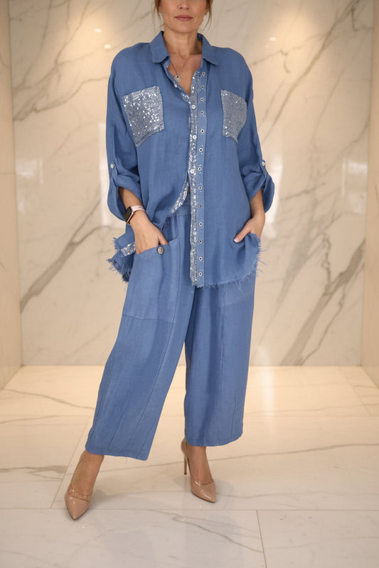 New Fashion Casual Women's Set with Pocket Placket and Gold Embellished Round Neck Design 