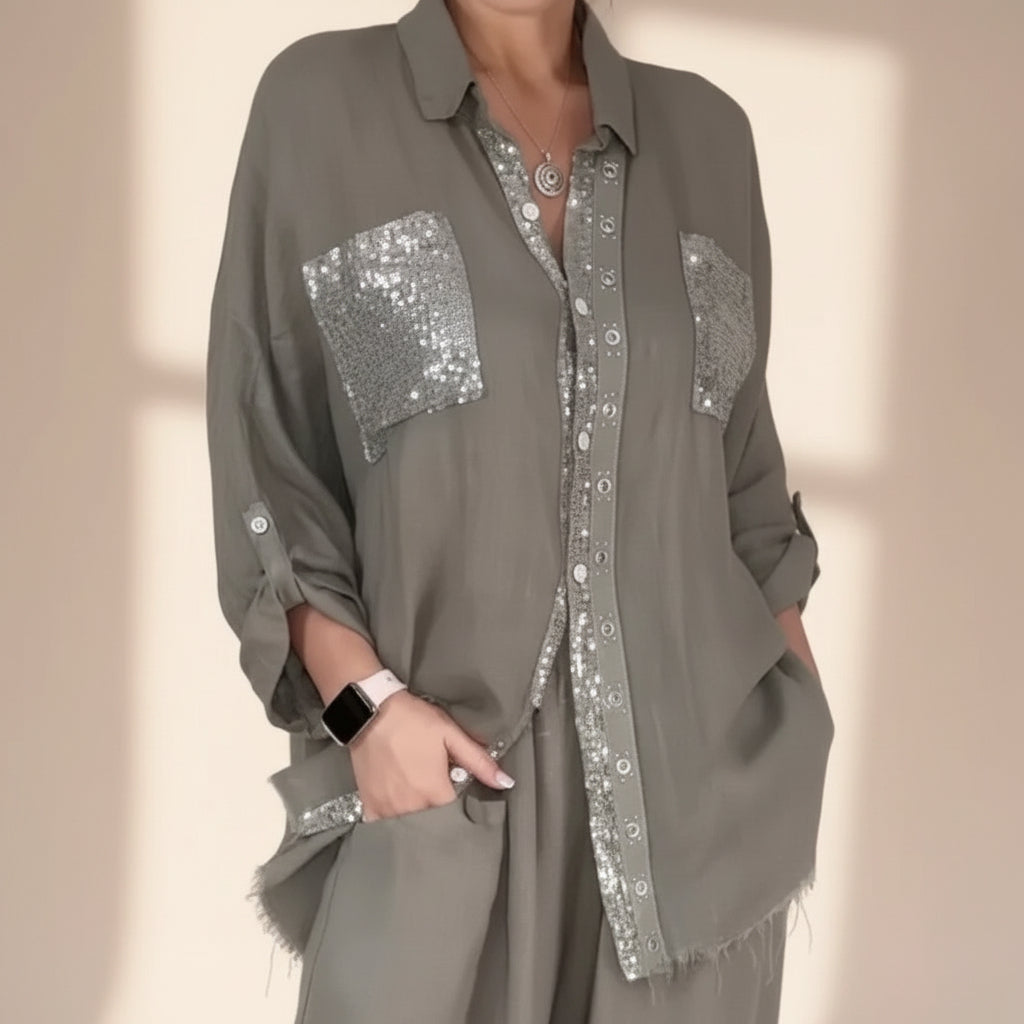 New Fashion Casual Women's Set with Pocket Placket and Gold Embellished Round Neck Design 