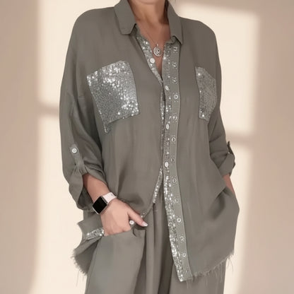 New Fashion Casual Women's Set with Pocket Placket and Gold Embellished Round Neck Design 