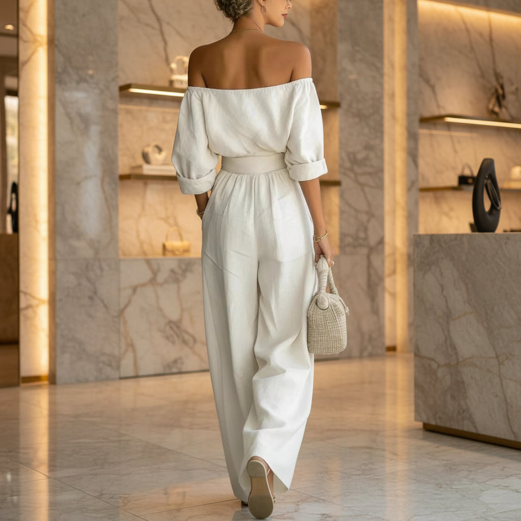 Casual Two-Piece Womens Outfit Off-Shoulder Top And Wide-Leg Pants Set 
