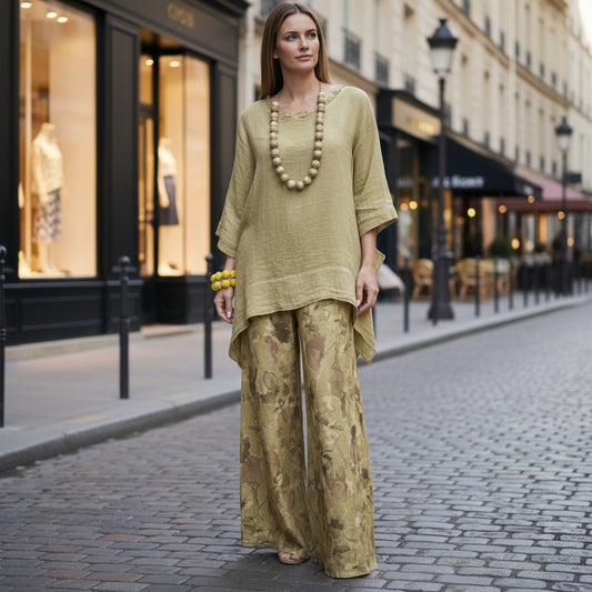 Womens Casual Cotton-Linen Irregular Top And Wide-Leg Pants Set 