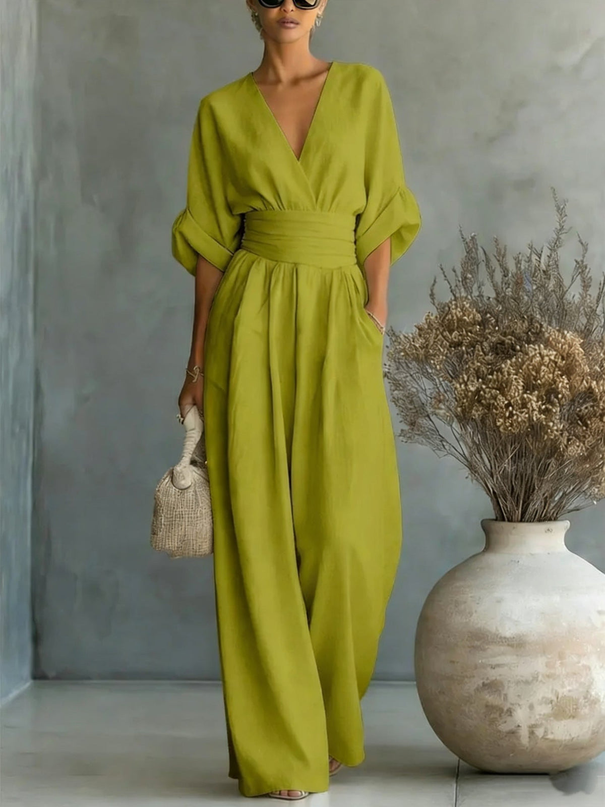 Summer Short-sleeved Jumpsuit Fashion Casual V-Neck Wide-Leg Pants Womens Clothing 