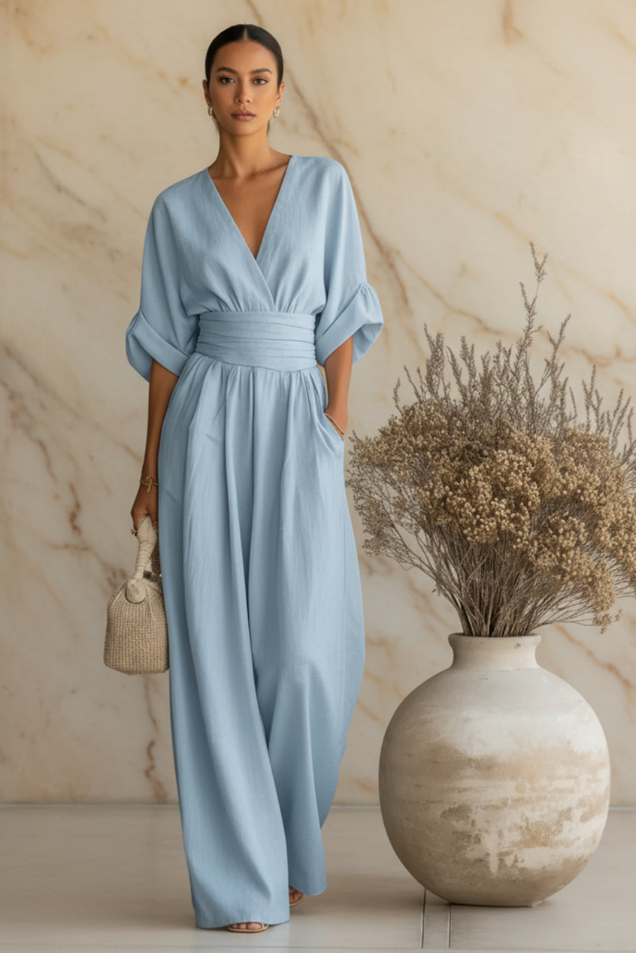 Summer Short-sleeved Jumpsuit Fashion Casual V-Neck Wide-Leg Pants Womens Clothing 