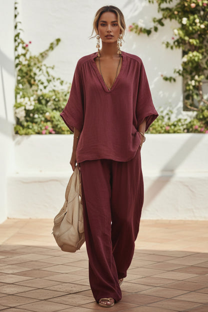 Womens V-neck Loose Short-Sleeve Casual Pants Two-Piece Set 