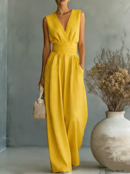 Women's Elegant V-Neck Sleeveless Jumpsuit – Waist-Cinching Straight Leg