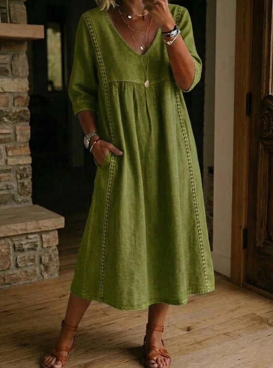 Women's V-Neck Dress – Lace Trim, Loose Fit, 7 Colors