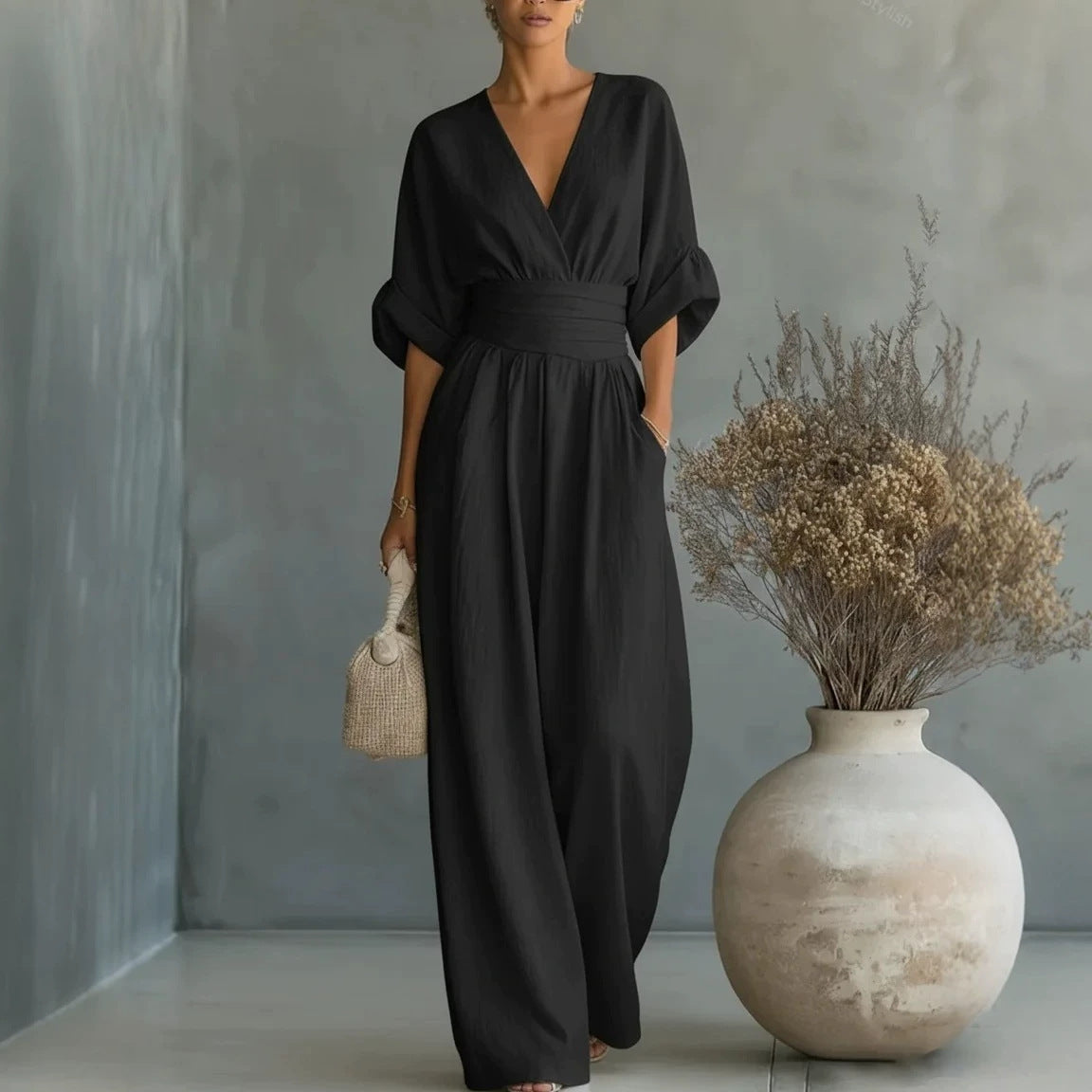 Summer Short-sleeved Jumpsuit Fashion Casual V-Neck Wide-Leg Pants Womens Clothing 