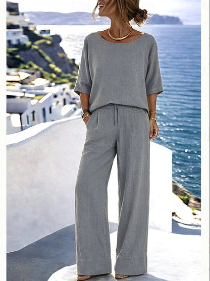 Women's Resort Set – Short Sleeve Top & Wide-Leg Pants