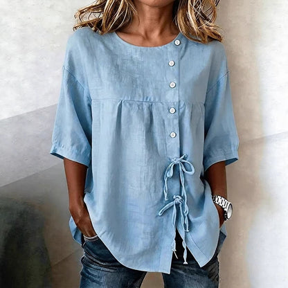 Women's Lace-Up Button Shirt – 3/4 Sleeve Asymmetric