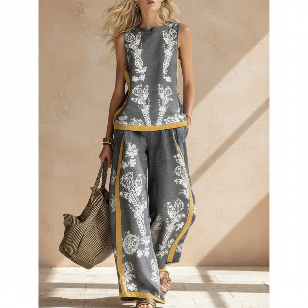 Printed Retro Casual Top Set 