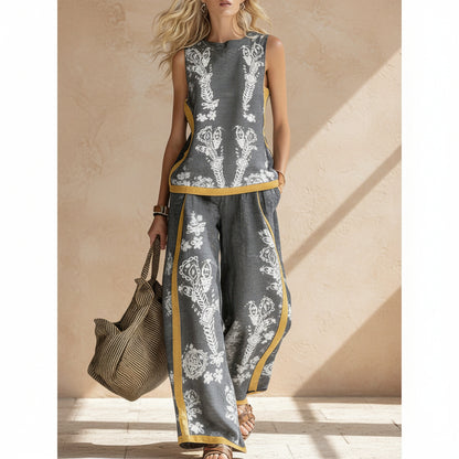 Printed Retro Casual Top Set 