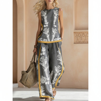 Printed Retro Casual Top Set 