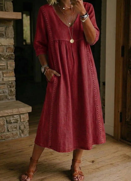 Women's V-Neck Dress – Lace Trim, Loose Fit, 7 Colors