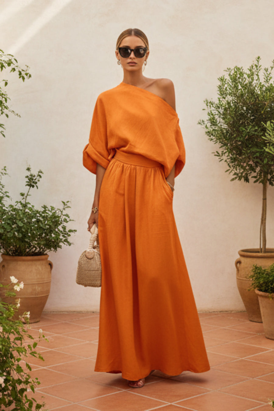 Cropped Off-shoulder Top And Pants Two-piece Set 