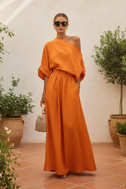 Cropped Off-shoulder Top And Pants Two-piece Set 