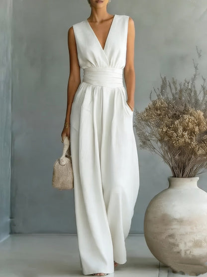 Women's Elegant V-Neck Sleeveless Jumpsuit – Waist-Cinching Straight Leg