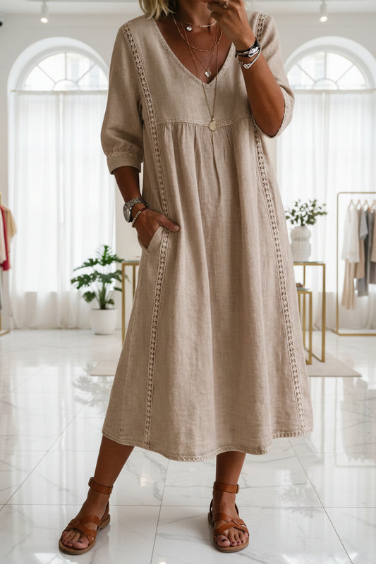 Women's V-Neck Lace Trim Dress – Loose Fit Casual Maxi
