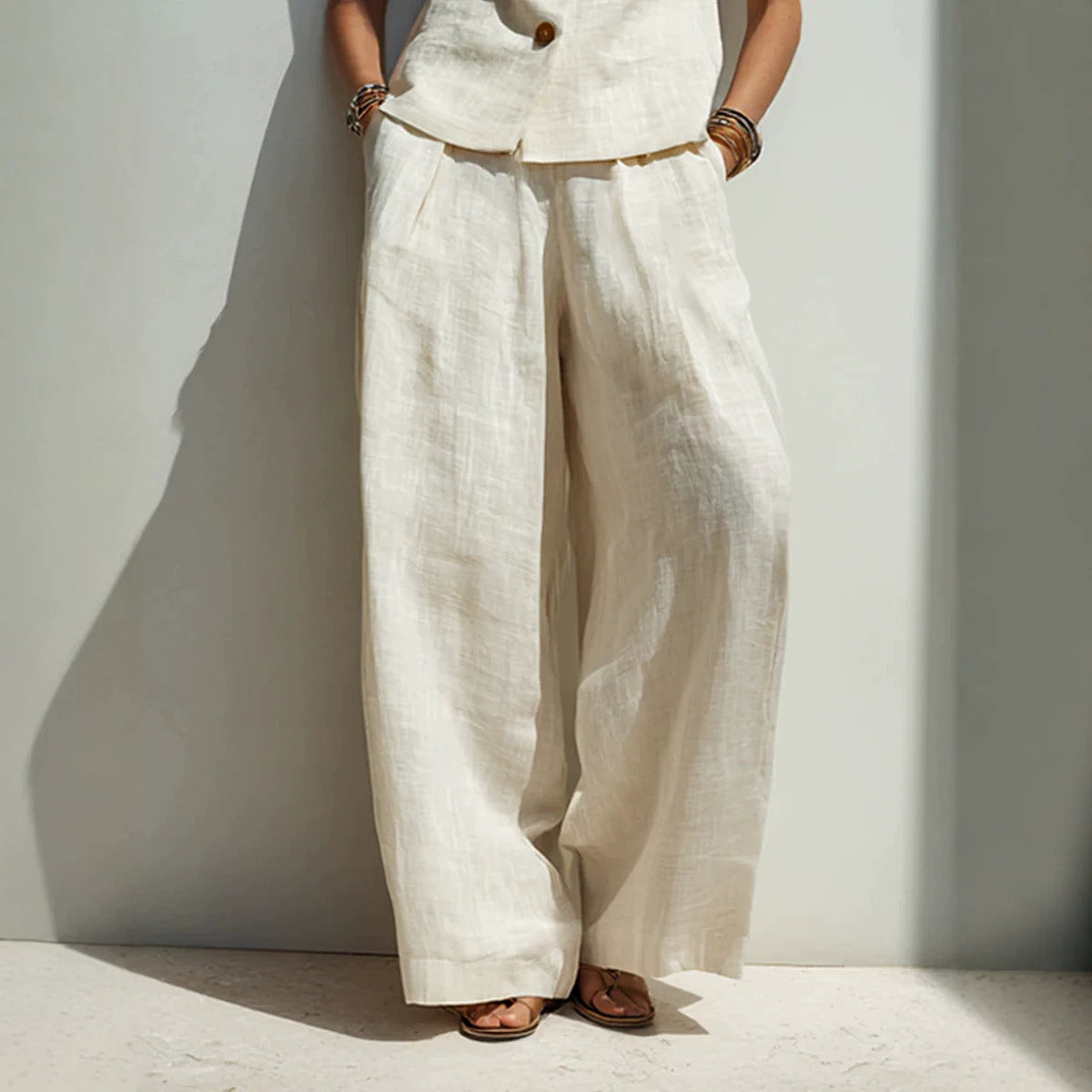 Linen Blend V-Neck Buttoned Vest & High-Waist Wide-Leg Pants Set