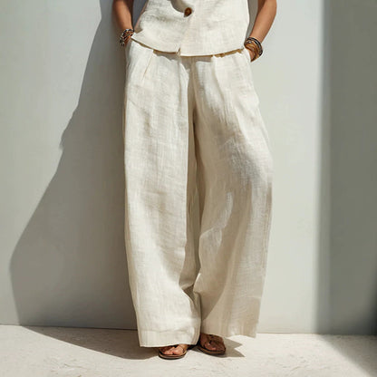 Linen Blend V-Neck Buttoned Vest & High-Waist Wide-Leg Pants Set