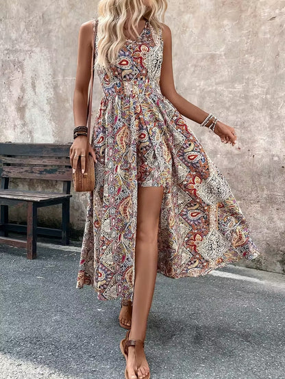 Summer Vacation Casual Chic Fashion Womens Printed V-Neck Sleeveless Jumpsuit 