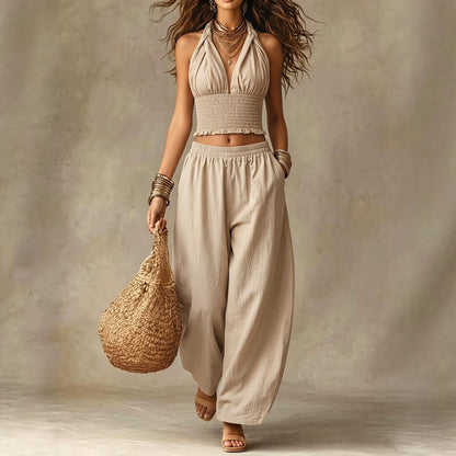 Women's Halter Neck V-Neck Crop Top & Loose Lantern Pants Linen Two-Piece Set