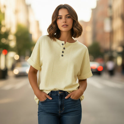 Women's Striped T-Shirt – V-Neck, Button Detail, Loose Fit