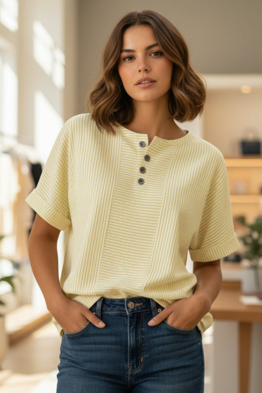 Women's Striped V-Neck Button T-Shirt