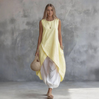 Solid-color Sleeveless Loose-fit Dress With Patch Pockets 