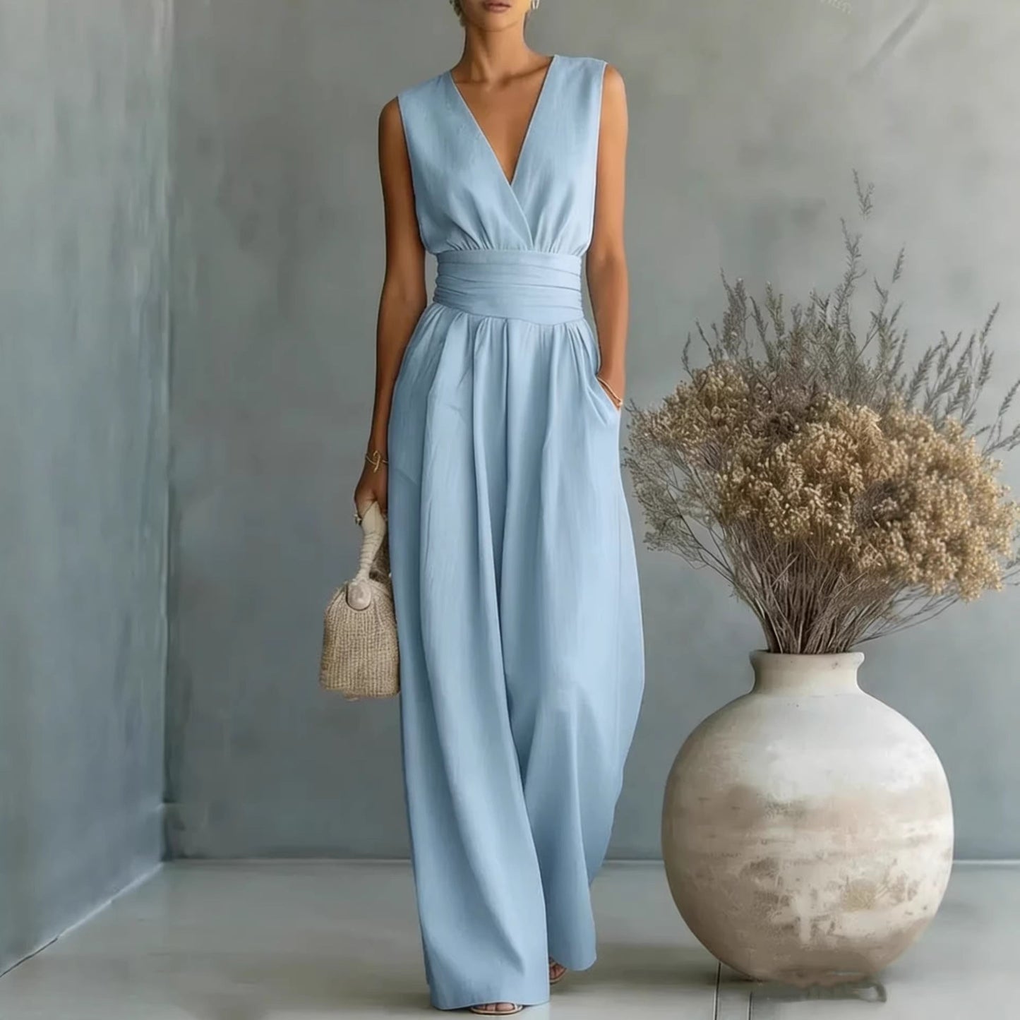 Women's Elegant V-Neck Sleeveless Jumpsuit – Waist-Cinching Straight Leg