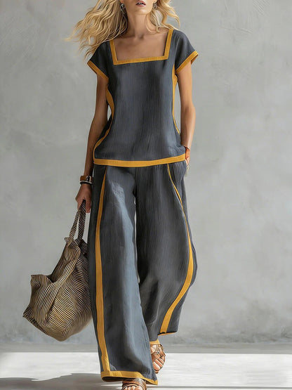 Square-Neck Three-Quarter Sleeve Loose Top & Pants Two-Piece Set