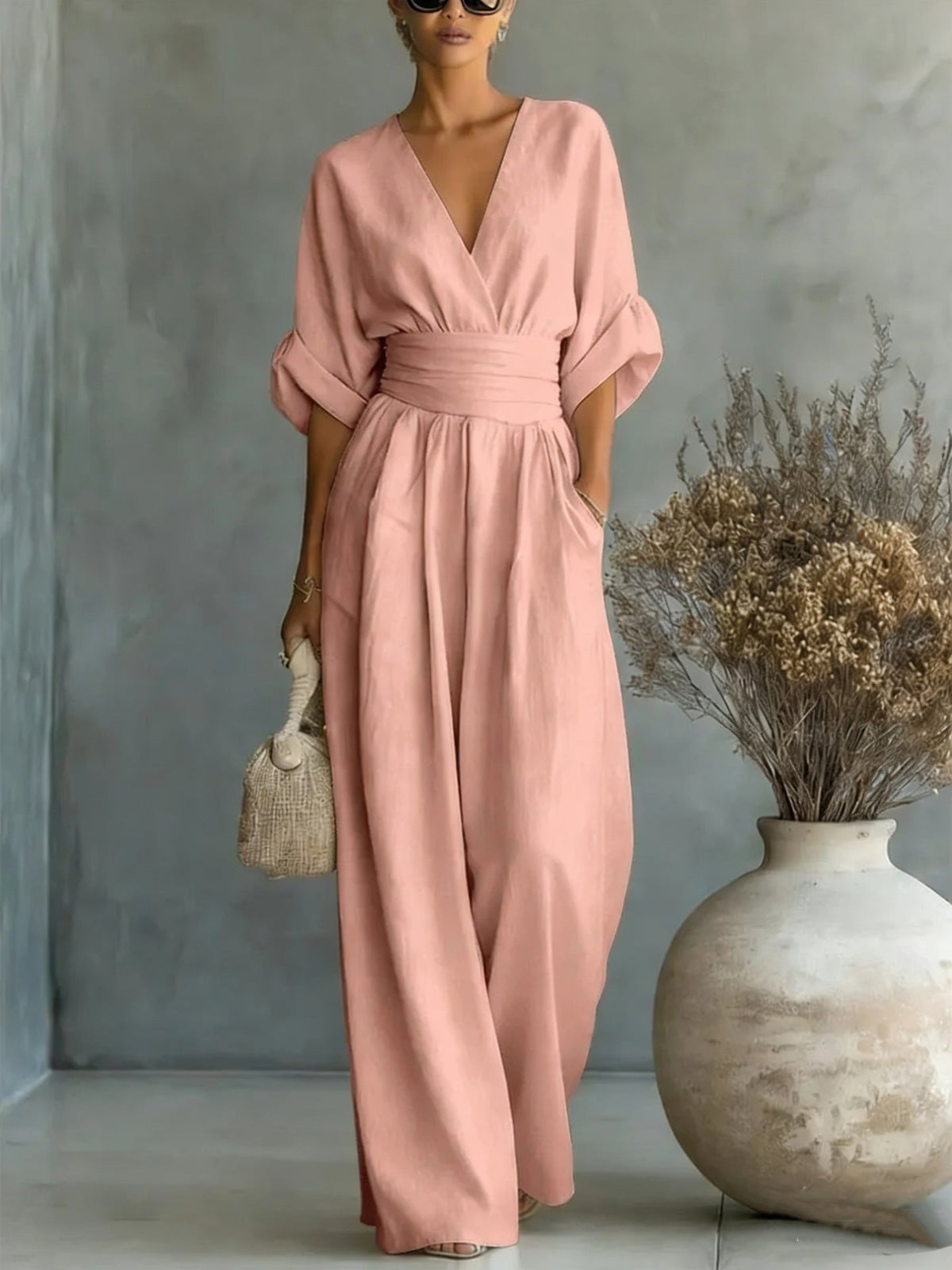 Summer Short-sleeved Jumpsuit Fashion Casual V-Neck Wide-Leg Pants Womens Clothing 