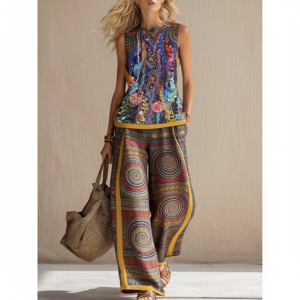 Printed Retro Casual Top Set 