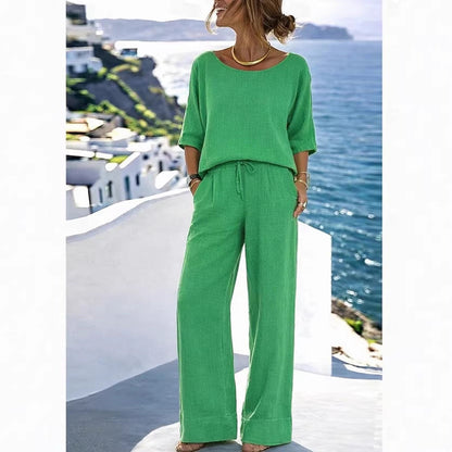 Women's Resort Set – Short Sleeve Top & Wide-Leg Pants