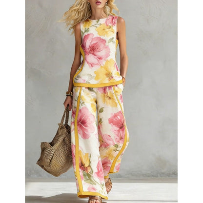 Printed Retro Sleeveless Top & Wide-Leg Pants Set | 12 Prints S–5XL