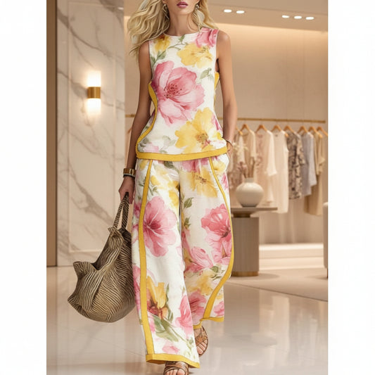 Women's Printed Retro Two-Piece Set – Sleeveless Top & Wide-Leg Pants