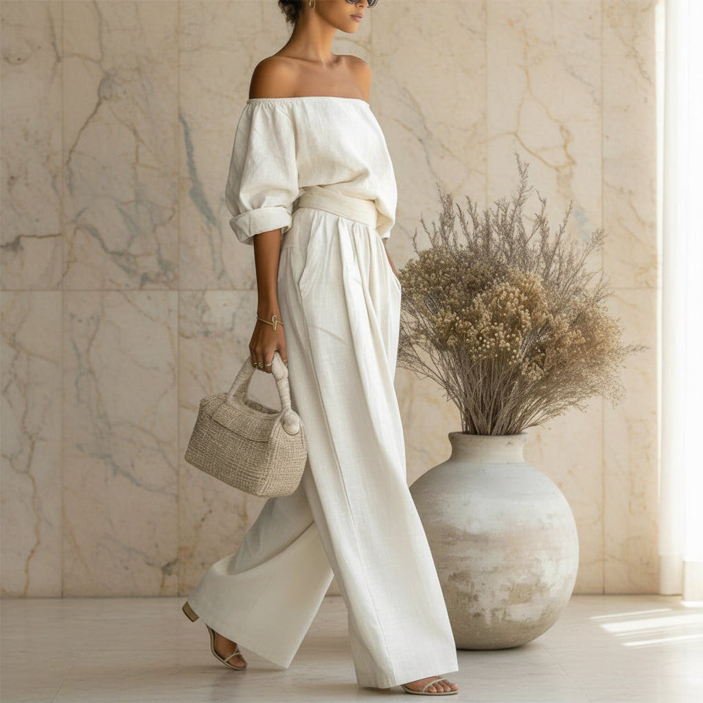 Casual Two-Piece Womens Outfit Off-Shoulder Top And Wide-Leg Pants Set 