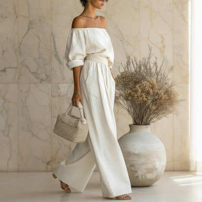 Casual Two-Piece Womens Outfit Off-Shoulder Top And Wide-Leg Pants Set 