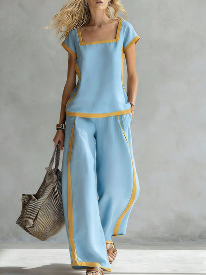 Square-Neck Three-Quarter Sleeve Loose Top & Pants Two-Piece Set