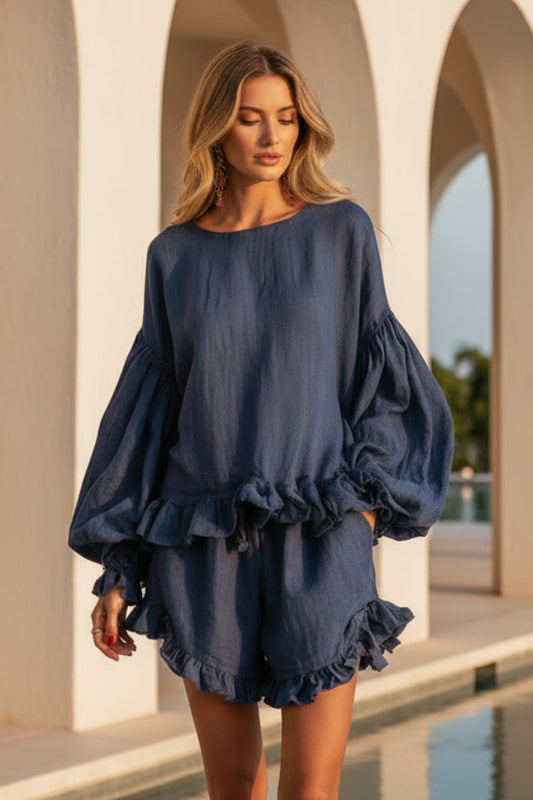 Loose-fitting Lantern-Sleeve Top And Shorts Two-Piece Set For Women 