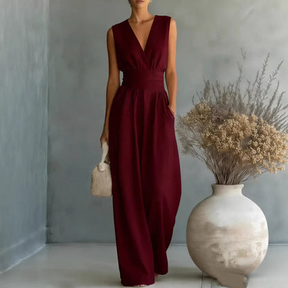 Women's Elegant V-Neck Sleeveless Jumpsuit – Waist-Cinching Straight Leg