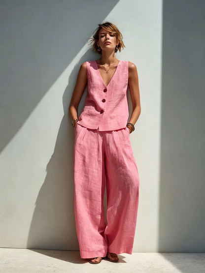 Linen Blend V-Neck Buttoned Vest & High-Waist Wide-Leg Pants Set