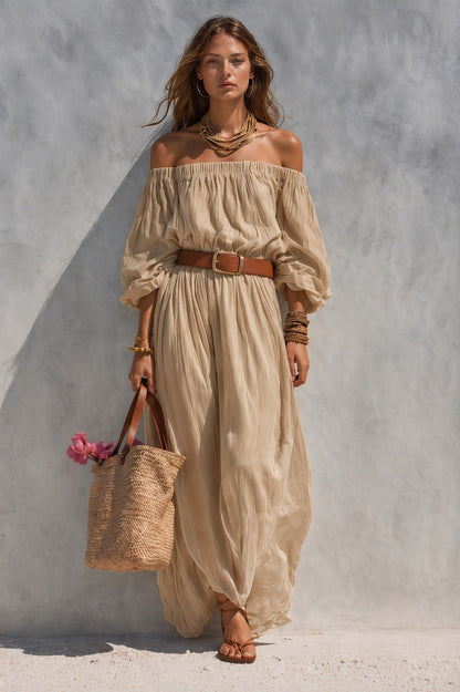 Womens Boat-Neck Sleeveless Casual Cotton-Linen Maxi Dress 