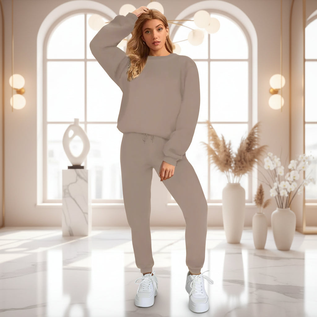 👚 Women's Solid Color Round Neck Pullover Sweatshirt & Pants Set FitiqueFit