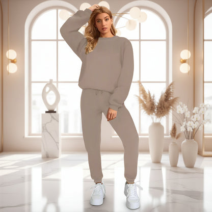 👚 Women's Solid Color Round Neck Pullover Sweatshirt & Pants Set FitiqueFit