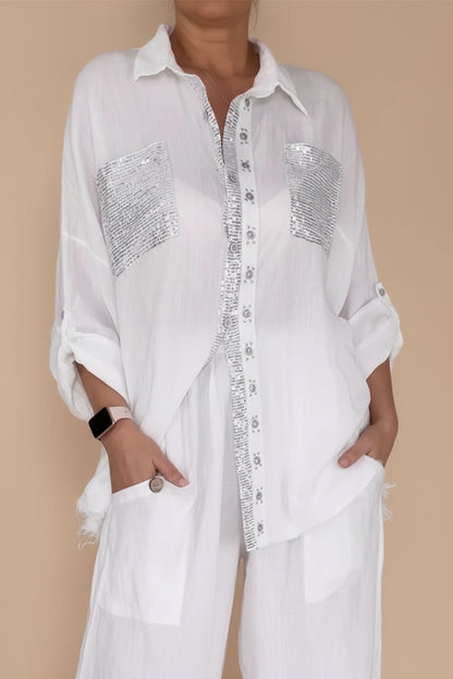 New Fashion Casual Women's Set with Pocket Placket and Gold Embellished Round Neck Design 