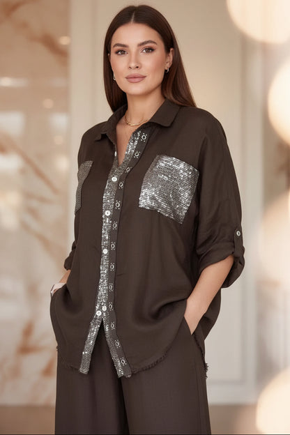 New Fashion Casual Women's Set with Pocket Placket and Gold Embellished Round Neck Design 