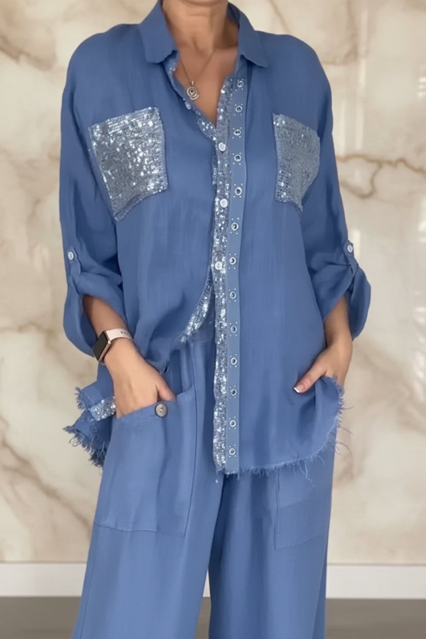 New Fashion Casual Women's Set with Pocket Placket and Gold Embellished Round Neck Design 